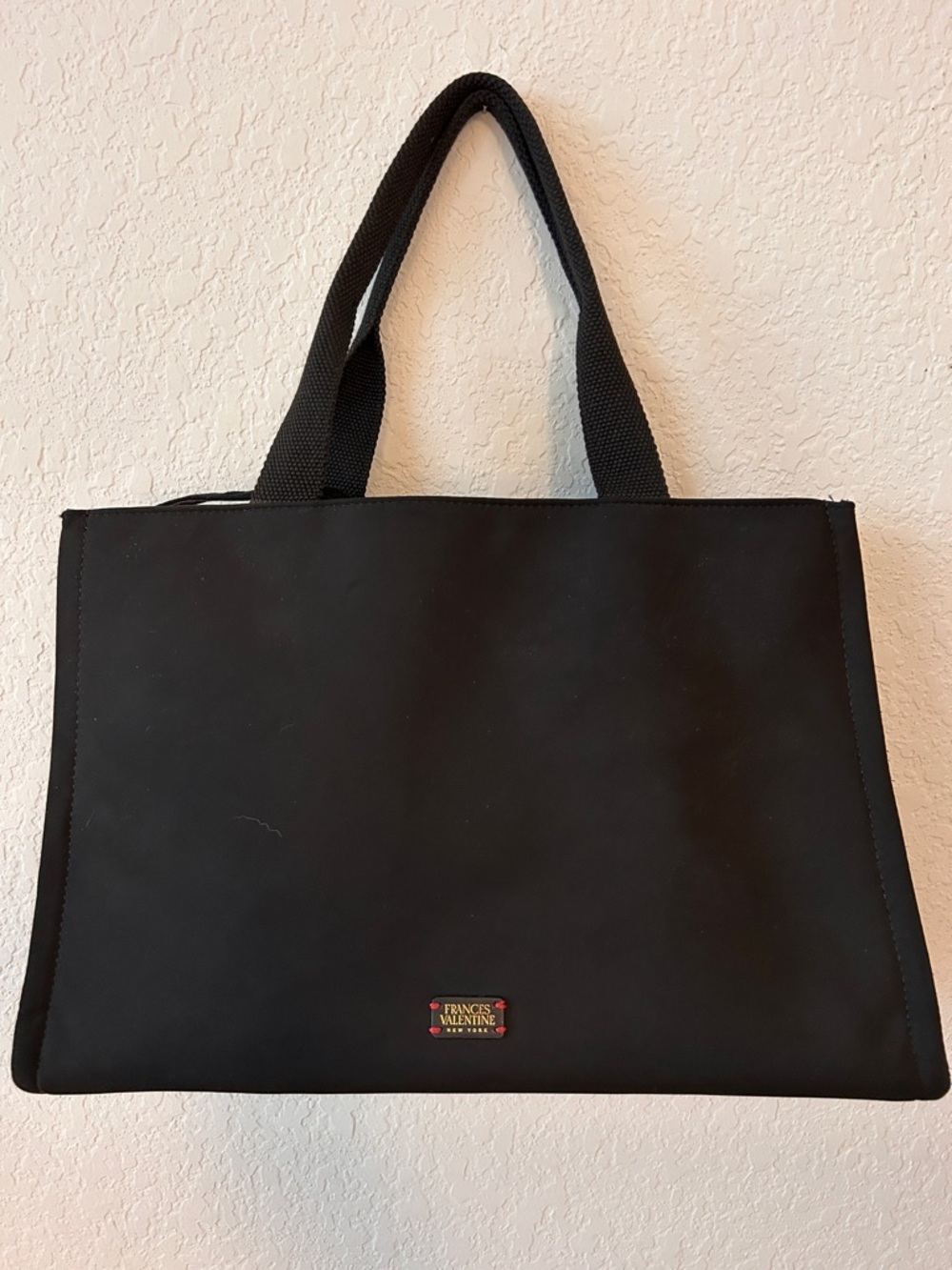 Frances Valentine Black Tote with Gold Logo and Red Stitching